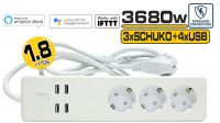 Regleta 3 tomas Schuko, 4 USB, 3680W blanca, Inteligente: Control voz Amazon Alexa Google Home