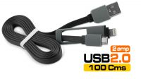 Cabo plano de dados e carga USB 2 em 1 iPhone/micro USB metal preto 1m