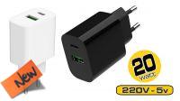 Carregador universal 1x USB-A QC 3.0, 1x USB-C PD 3.4A 20W