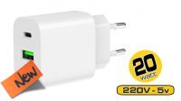 AB 8642 : Carregador universal 1x USB-A QC 3.0, 1x USB-C PD 3.4A 20W (Branco)