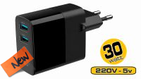 Carregador universal GaN 2xUSB-A QC3.0 1xUSB-C PD 3A 20W LCD preto