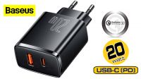 Carregador Baseus 1x USB-A + 1x USB-C 20W QC máx. 3A preto