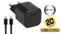 Cargador universal 110-240V 1x USB-C 20W con cable USB-C Negro
