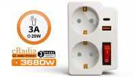 Adaptador divisor Schuko 1xM a 2xF 16A 2xUSB A+C com interruptor branco