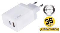 Transformador USB  Carga Rapida 110-240V QC3.0, 1xUSB+USB-C, PD3.0, 5-12V, Máx.36W, 3A Blanco